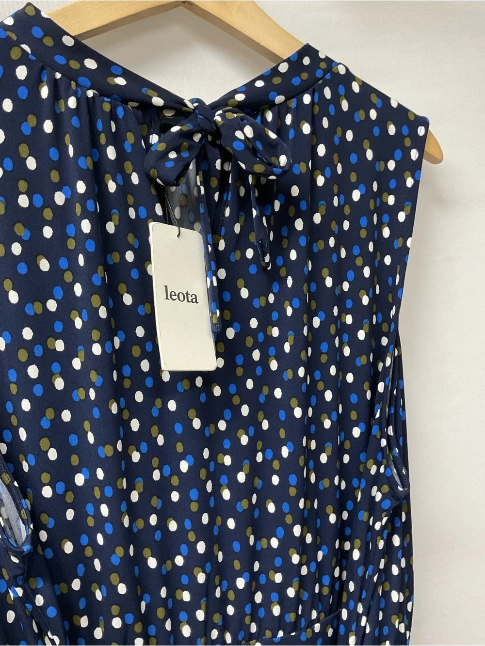 Brand New-Leota Women Blue Mindy Shirred Dot Mock-Neck Waist-Tie Midi Dress